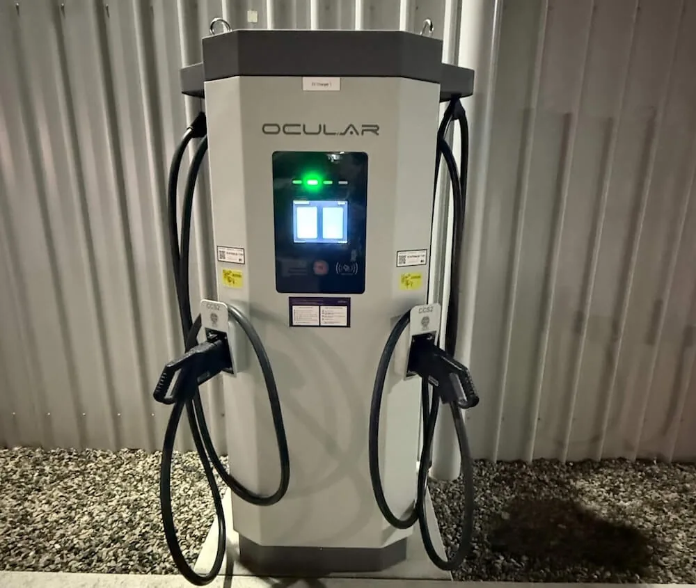 Ocular commercial EV charger with two charging cables installed at a Perth business