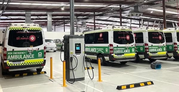 Ocular commercial EV charger installed at the St John Ambulance depot in Perth, charging non-emergency fleet vehicles