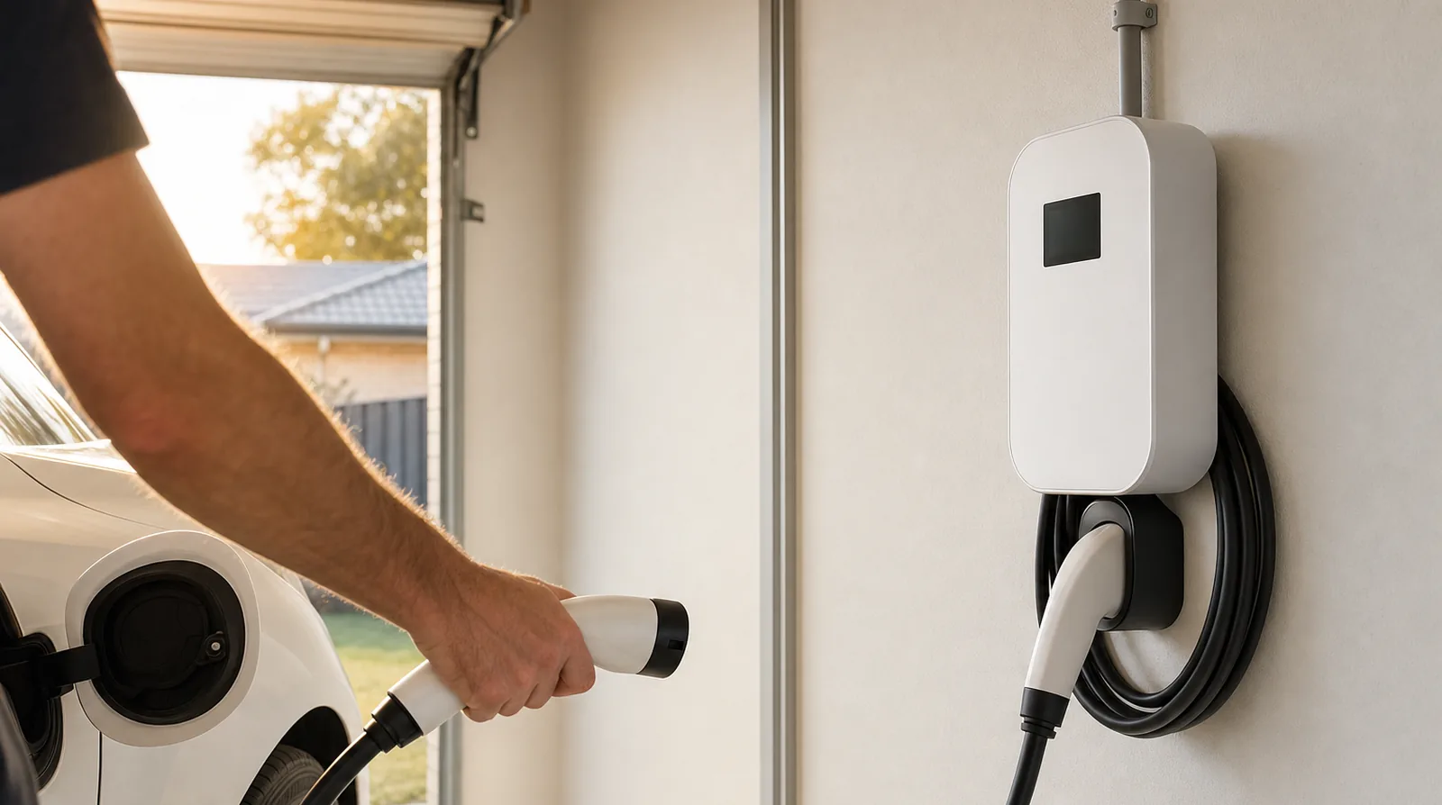 Hand bringing the charging plug from a white wall charger to an electric car inside a garage