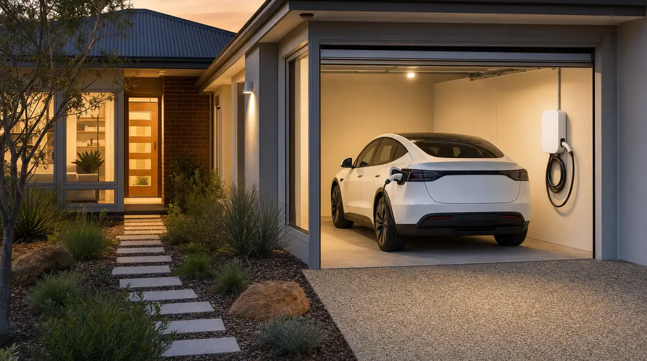 Perth home at dusk with an electric car charging inside the open garage